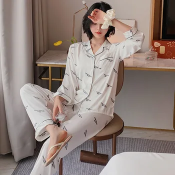 Kadın İki parçalı Kore Basit Uzun kollu İnce İpek Pijama Ev Hizmeti Yaz Yeni Stil Buz İpek 5