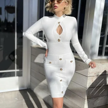 Kadın İlkbahar Sonbahar Seksi Uzun Kollu Anahtar Deliği Düğmesi Beyaz Mini Bodycon Bandaj Elbise Zarif Akşam Parti Elbise Vestidos 23