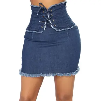 Kadın Kot Etekler Yüksek Bel Lace Up Seksi Mini Yıkanmış Push Up Streç Ince Kadın Mavi Skinny Jeans kalem etek Satış Ürünleri 14