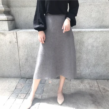 Kadın Kış Düz Renk Örme Orta uzunlukta Etek Retro Banliyö Ofis Bayanlar Zarif ve Şık A-line Etek Kazak Elbise 18
