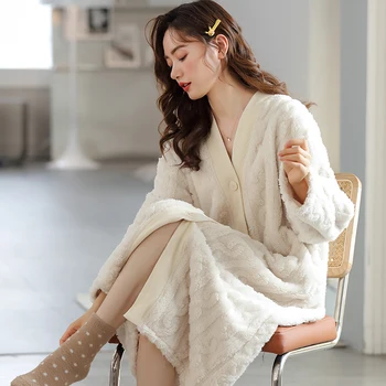 Kadın Kış Termal Uzun Bornoz Kalın Sıcak Mercan Polar Kimono bornoz Artı Boyutu Bayanlar Gecelikler Gelin Sabahlık 23