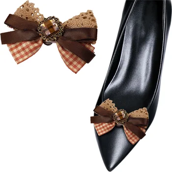 Kadın moda ayakkabı tokaları Kahverengi Yay Ayakkabı Dekorasyon Kare Taklidi ayakkabı tokaları Sevimli Lolita Ayakkabı Aksesuarları Kadınlar için Yüksek Topuk 7