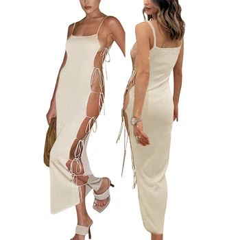 Kadın moda Trendi askı yarık orta uzunlukta elbise moda düz renk yan kravat içi boş sıska elbise 8