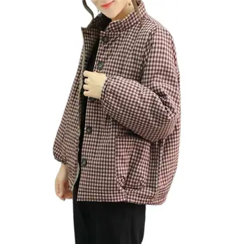 Kadın Pamuk-Yastıklı Ceketler Yeni Sonbahar Kış Dış Giyim Kısa Ekose Palto Gevşek Kalın Sıcak Pamuk Yastıklı Ceket Kadın 5
