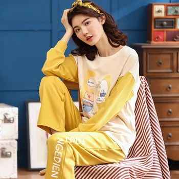 Kadın pamuklu bayan uzun kollu pantolon Kore ilkbahar ve sonbahar öğrencileri büyük boy iki parçalı kadın pijama setleri bayan pijama 15