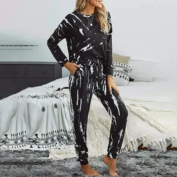 Kadın Pijama 2022 Moda Gevşek Rahat Kravat Boya Baskılı Yuvarlak Boyun Üst Dantel-Up Pantolon Bayanlar Rahat Ev Giyim Seti SJ489 20