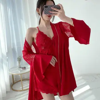Kadın Pijama Patchwork Hollow Out Kimono Bornoz Elbisesi Bordo Seksi Dantel Düğün Elbise Gecelik Set Yaz Gevşek Ev Elbise