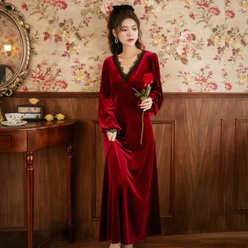 Kadın Uzun Kollu Kadife Gecelik kadın Kış Mahkemesi Tarzı Uzun Etek Sıcak Altın Kadife Pijama Gevşek Boyutu Ev Giysileri 8