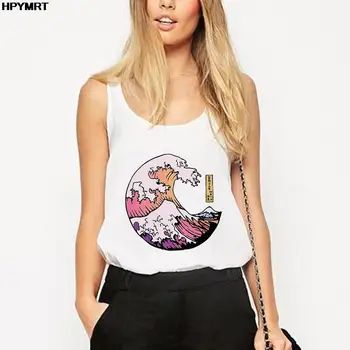 Kadın Yaz Rahat Karikatür Yelek renk deniz dalgaları Baskı yumuşak rahat Kolsuz Beyaz dip Üst T-shirt Kadın Giyim 8
