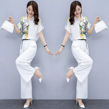 Kadın Yaz Takım Elbise İki Adet Zarif Moda Çiçek Baskılı Bluzlar Kadın Geniş Bacak Pantolon Takım Elbise Setleri Ücretsiz Kargo 11