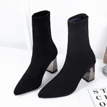 Kadın Çorap 2021 Yeni Sivri Çizmeler Kadınlar için Moda Yüksek Topuklu Kore Tarzı Kadın siyah ayakkabı Sonbahar Kış için A104 1