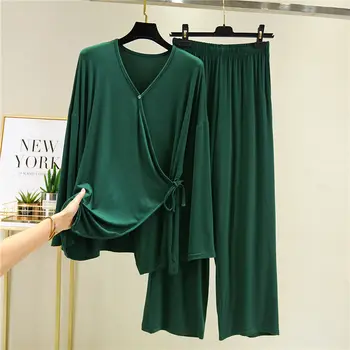 Kadınlar 2021 Bahar Yaz Moda İki Parçalı Setleri Kadın Uzun Kollu Hırka Üstleri Bayanlar Gevşek ince pantolon Modal Pijama Takım Elbise J88