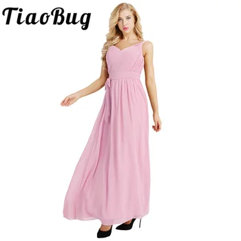 Kadınlar Bayanlar Kolsuz Nedime Elbisesi Pilili V Boyun Şifon Zarif Uzun Maxi Düğün Parti Elbise A-Line balo elbisesi Kanat 7