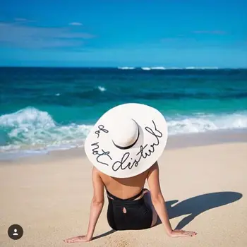 kadınlar büyük yazlık hasır şapka plaj şapkası madeni pul mektup 