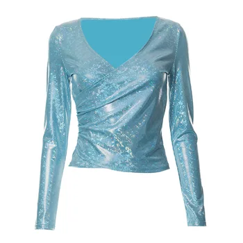 Kadınlar Mavi Parlak Metalik Uzun Kollu t gömlek Tops Bayanlar Dantelli Bel Çapraz Wrap V Boyun Ince Üst Rave Parti Clubwear Moda 21