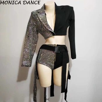 Kadınlar Sparkly AB Rhinestones Kıyafet Seksi Siyah Blazer Kısa Tasarım Parti 2 Parça Set Dj Kadın Şarkıcı Gece Kulübü Dans Kostümleri