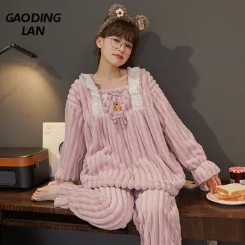 Kadınlar Uzun Kollu Kalınlaşmış Mercan Kadife Sıcak Pijama Seti Kadın Nakış Pazen 2 parça Pijama Prenses Eğlence Giyim Takım Elbise 6