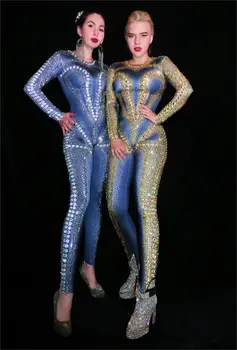 Kadınlar Yeni Seksi Shining Gümüş Altın Rhinestones Uzun Kollu Tulum Kutlamak Balo Kıyafet Şarkıcı Dansçı Kostüm Tulum 19