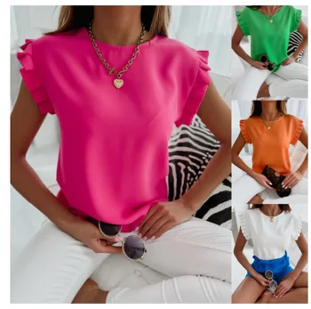 Kadınlar Zarif Katı O-Boyun Bluz Gömlek Yaz Moda Kısa Kollu Kazak Üstleri Ofis Bayanlar Casual Gevşek Blusa Streetwear 3