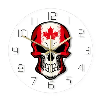 Kafatası Kanada Bayrağı Duvar Sanatı Renkli Baskılı duvar saati Kanada Vatansever Kafatası Ev Dekor Sigara Geçiyor Akrilik duvar saati 17