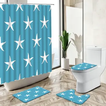 Karikatür Denizyıldızı Yıldız Duş Perdeleri Çocuk Banyo Seti Mavi Beyaz Siyah Tasarım Kaymaz Halı Tuvalet Kapağı Kat Mat Yıkanabilir 4