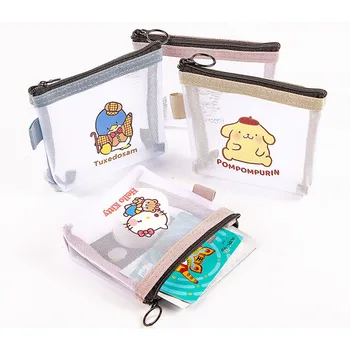 Kawai Hello Kitty Ponpon Purin Örgü saklama çantası Şeffaf Taşınabilir Kozmetik saklama çantası Sanrio Karikatür Sıfır Çanta Fermuarlı Çanta 7