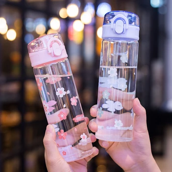 Kawaii Sakura Cam Su Şişesi Taşınabilir Sızdırmaz Şeffaf içme suyu şişesi Kız Seyahat Spor Zıplayan Bardak Kapağı Şişeleri 13