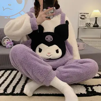 Kawaii Sanrioed Mymelody Cinnamoroll Kuromi Peluş Pijama Kış Kalınlaşmış Mercan Polar Pijama Hırka Kız Loungewear Setleri