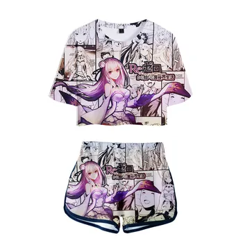 Klasik Anime Rem ve Ram 3D T-Shirt şort Pantolon Çiğ göbek Spor Kızlar Kısa Kollu Takım Elbise Yeniden Sıfır Kızlar Seksi İki Adet setleri