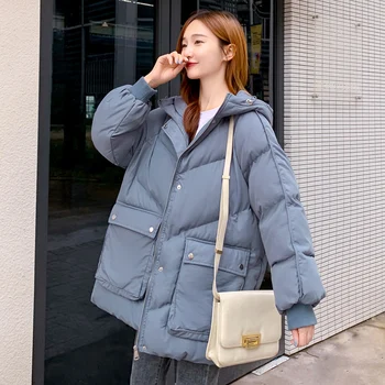Kore iç astarlı ceket Kadın Palto Yeni Kış Ceket Kadın Moda Gevşek Kalın Kapşonlu Ekmek Giyim Bayanlar Parka Ceket 17
