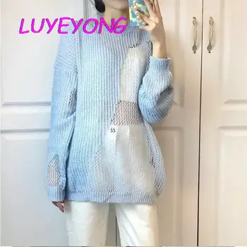 Kore Moda Giyim Sonbahar Y2k Kız Şeffaf Hollow Out Örgü İnce Kazak Açık Mavi Bayan Seksi Düzensiz Kazak Kazak 5