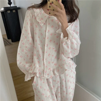 Kore Yay Baskı bahar pijama Seti Kadın pamuklu pijama Gömlek + Pantolon Seti İki Parçalı Ev Takım Elbise Kawaii Tatlı Ev Tekstili 22