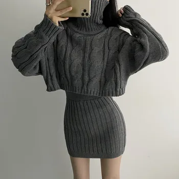Kore Şık 2 Parça Set Kadın Balıkçı Yaka Gevşek Kırpılmış Kazaklar + bodycon Mini Etek 2021 Sonbahar Kış Örme Takım Elbise Femme Roupas 5