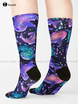Kozmik Balina Köpekbalığı Çorap Siyah erkek çorabı Moda Yaratıcı Eğlence Komik Harajuku Sanat Soyut Yağlıboya Çorap noel hediyesi 3