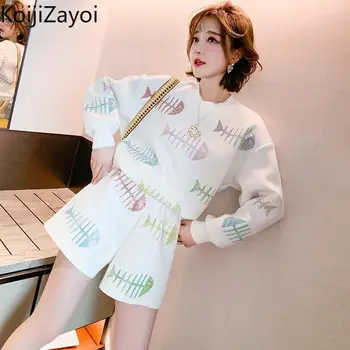 Koıjızayoı Rahat Kadın İki Adet Set Bahar Sonbahar Bayan Takım Elbise Karikatür Hoodies Kazaklar Yüksek Bel Kısa Şık Kıyafetler 2022 Yeni 5