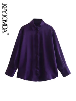 KPYTOMOA Kadın Moda Ön Düğme Saten Gömlek Vintage Yaka Yaka Uzun Kollu Kadın Bluzlar Blusas Chic Tops 21