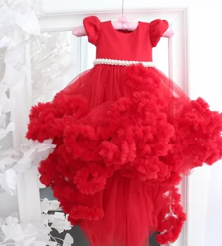 Kırmızı Bulut Tül Yüksek Düşük Çiçek Kız Elbise Çocuk Pageant Törenlerinde Çocuk Doğum Günü Partisi balo kıyafetleri