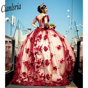 Kırmızı Kapalı Omuz Balo 3D Çiçek Quinceanera elbise Prenses Tatlı 16 Elbiseler Vestidos De 15 Anos 22