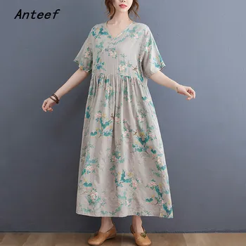 kısa kollu pamuklu vintage çiçekli elbiseler kadınlar için rahat gevşek uzun kadın yaz elbisesi zarif giysiler 2022 15