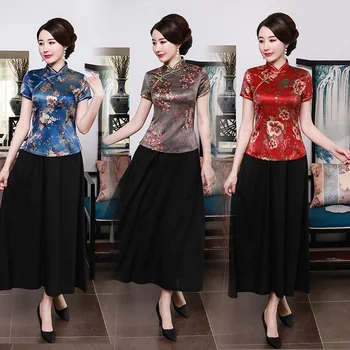 Kısa Kollu Çin Geleneksel Cheongsam Üst Çiçek Retro Geliştirilmiş Tang Takım Elbise Kadın Bluz Standı Yaka Qipao Gömlek 5 Renk 6