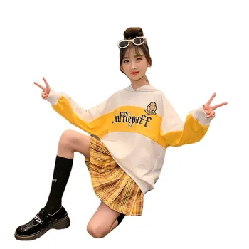 Kız Elbise Bahar Sonbahar Moda Yeni Patchwork Hoodid Hoodies + Ekose Etek 2 adet Çocuklar Rahat Mektup Baskı spor giyim seti 4-14 Yıl 12