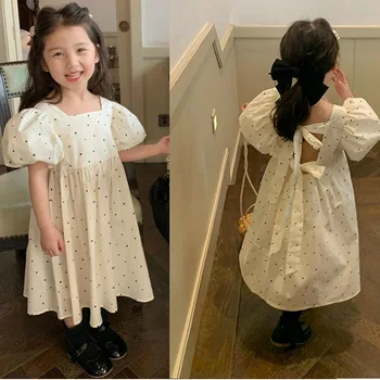 Kız Elbise Küçük Puf Kısa Kollu dantel-up Elbise Prenses 2022 Yaz Yeni Çocuk Pamuk Sevimli moda giyim 9