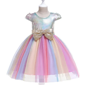 Kızlar Dantel Gökkuşağı Elbise Çocuk Payetli Yay Karnaval Cosplay Elbiseler Çocuklar İçin doğum günü elbiseleri Kız Düğün Parti Giyim 2