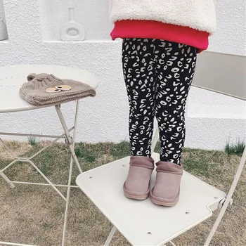 Kızlar Kış Moda Uzun Sıska Leopar Tayt Yüksek Bel Pamuk Artı Kadife Sıcak ince pantolon 1-7Yrs Kore Yürümeye Başlayan Giysi 15