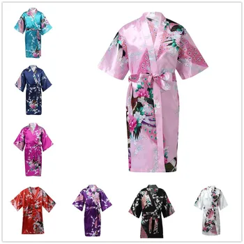 Kızlar Saten Kimono Elbise Çocuk Pijama Tavuskuşu Çiçek Baskılı Çocuk Bornoz Gecelik Bornoz Spa Parti Düğün Doğum Günü 10