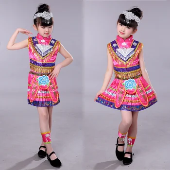Kızlar Çin Hmong ulusal dans kostümleri Çocuklar performans miao dans giyim Festivali başlığı ile Üstleri Etek Kıyafetler  22