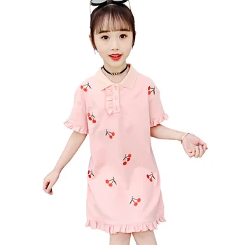 Kızların Yaz Giyim Elbise Yeni İşlemeli Kiraz çocuk Ahşap Kısa Kollu Prenses 4-12 Yaş Küçük Kızlar Giyim 8