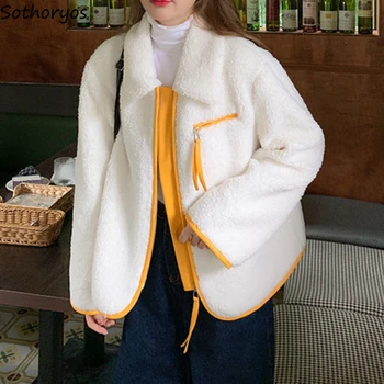 Kış Lambswool Ceketler Kadın Panelli Şık M-3XL Tatlı Zarif Rahat Retro Fermuar Palto Polar Uzun Kollu Giyim Yeni 2