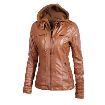 Kış Sonbahar Kadın PU Deri Ceket Ceket Uzun Kollu Motosiklet Giyim Düz Renk Kapşonlu Palto Kabanlar Moda Giyim 1