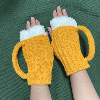 Kışın yeni bira kupa eldivenleri, sıcak unisex yarı işaretçi örme eldivenler